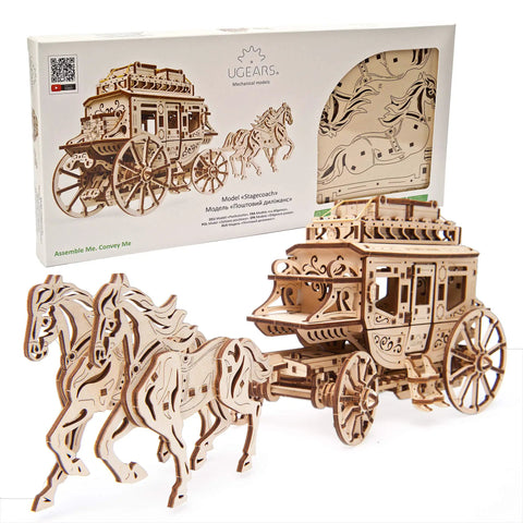 Wooden Stagecoach 3D Puzzle Construction Kit With Self Moving Gears Openable Cabin Doors And Detailed Mechanical Fun For Builders Of All Ages Perfect STEM Toy For Curious Kiddos And Grownups Who Love Hands On Gear Puzzles, wooden stagecoach model and box