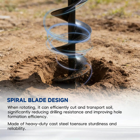 Heavy Duty Garden Auger Drill Bit Six By Thirty One Inch Spiral Hole Digger in soil showing spiral blade design.