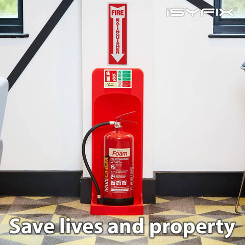Fire Extinguisher Signs Stickers 12 Pack 4x12 Inch Premium Self Adhesive Vinyl Decals Laminated displayed above extinguisher