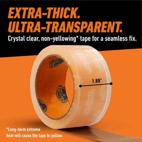 Front view of Gorilla Crystal Clear Tape roll, 1.88 in wide, transparent tape with orange core.