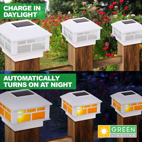 Solar Powered LED Torch Post Cap Lights for 4x4 or 5x5 Posts, Modern Flame Design, White Finish, 12 Pack on fence posts