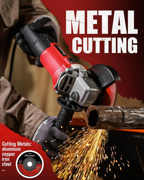 Avid Power angle grinder, 4-1/2 inch, red and black, cutting metal with grinding wheel and auxiliary handle.