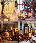 Flameless Flickering LED Candles Set Of 12 Ivory Plastic Pillars With Remote And Timer, used in seasonal home decor settings.