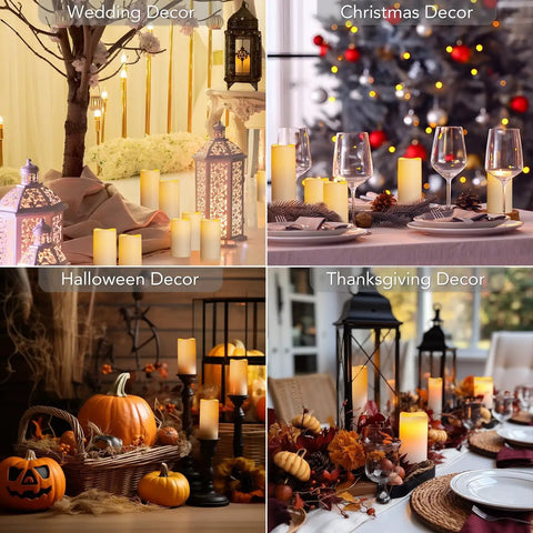 Flameless Flickering LED Candles Set Of 12 Ivory Plastic Pillars With Remote And Timer, used in seasonal home decor settings.