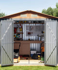 Durable 10 By 8 Ft Metal Storage Shed With Floor Frame Lockable Doors Vent Panels And Window Matte Gray Finish in backyard