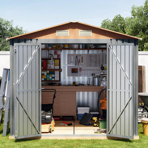 Durable 10 By 8 Ft Metal Storage Shed With Floor Frame Lockable Doors Vent Panels And Window Matte Gray Finish in backyard