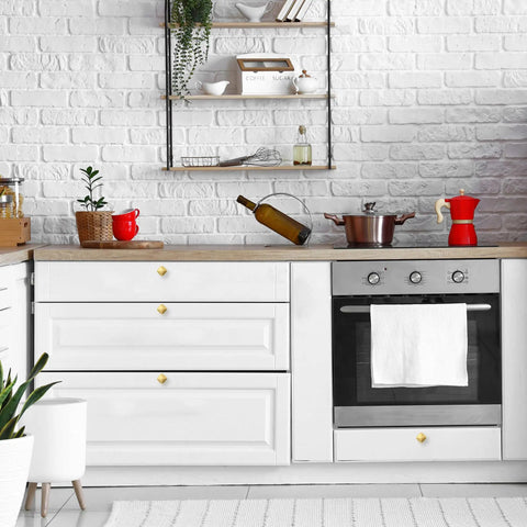 Kitchen scene featuring Thirty Pack Gold Cabinet Pulls Single Hole Built Tough Zinc Alloy Kitchen Drawer Handles Smooth As Silk Feel.