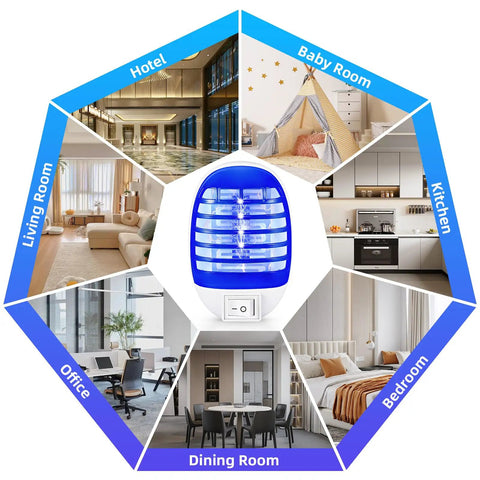 Plug In Indoor Bug Zapper With LED Light For Home Use, 360 Degree Mosquito And Fruit Fly Killer, Gnat And Moth Trap, Efficient Insect Zapper For Living Room, Bedroom, Kitchen, Baby Room, 4 Pack surrounded by images of various rooms.