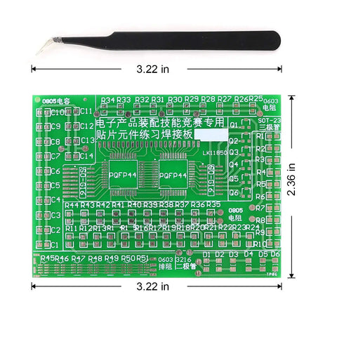 Green SMD Soldering Practice Kit board and tweezers with dimensions for DIY SMT Welding Training