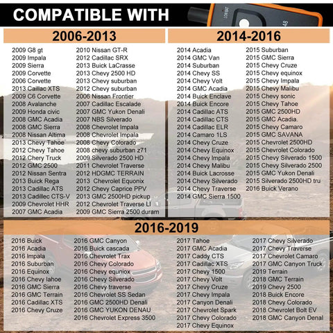List of compatible vehicles from 2006 to 2019 for No Fuss Slick TPMS Relearn Tool And Tire Pressure Sensor Reset Adapter EL50448.