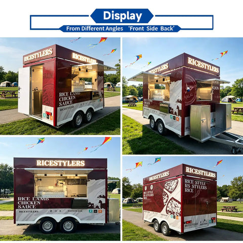 Bulletproof Mobile Food Trailer With Private Bathroom And Full Commercial Kitchen Setup Factory Direct, showing front, side, and back views.