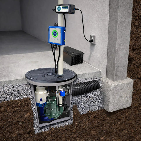 Plug And Play Sump Pump And Battery Backup System With Smart Wifi Monitoring Controller showing preplumbed installation details.