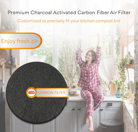 Charcoal Activated Carbon Fiber Air Filter For Kitchen Compost Bin Round 5.5 Inch, shown in a kitchen environment, 10 pack