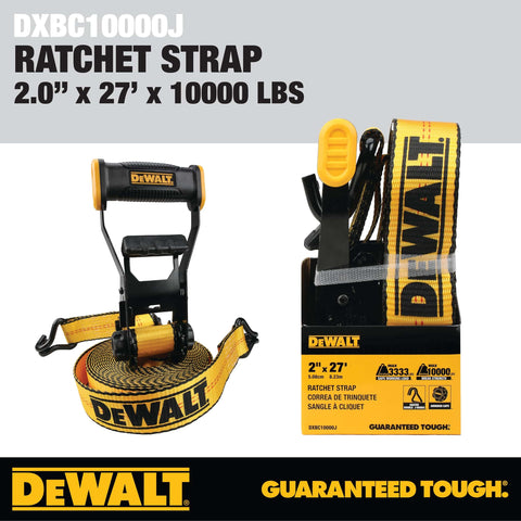 Beefy 2 Inch By 27 Foot Ratchet Tie Down Strap with Double J Hook for Heavy Duty Cargo Securement, shown with packaging