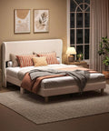 Queen Size Bed Frame With Wingback Headboard Upholstered In Beige Corduroy Fabric in a cozy bedroom setting.