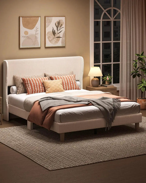 Queen Size Bed Frame With Wingback Headboard Upholstered In Beige Corduroy Fabric in a cozy bedroom setting.