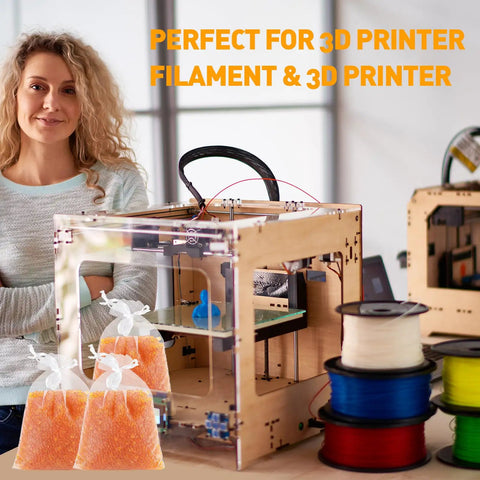 Heavy Duty 5 LBS Orange Indicating Silica Gel Desiccant Beads reusable moisture absorber near a 3D printer setup.