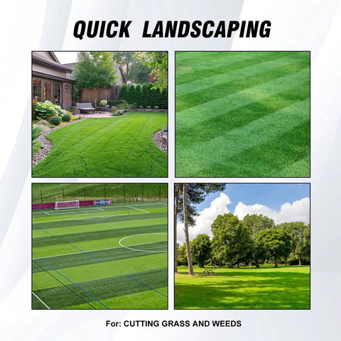 Collage showing well-maintained lawns and sports fields for quick landscaping, ideal for cutting grass and weeds.