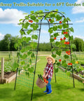 Child standing under Tall Garden Arch Trellis For Climbing Plants, 86 Inch Metal Garden Archway, holding basket with vegetables