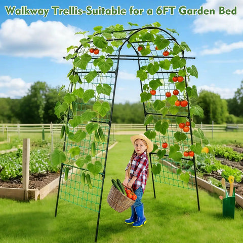 Child standing under Tall Garden Arch Trellis For Climbing Plants, 86 Inch Metal Garden Archway, holding basket with vegetables