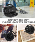 Quarter Horsepower 1000 CFM Air Mover And Floor Dryer With Two Speed Settings Carpet Dryer Black Finish Built In Safety 12 Amp Circuit Breaker For Overload Protection drying floors and carpets