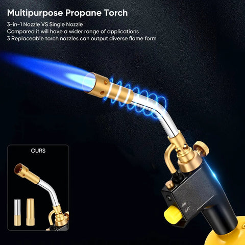 Propane Torch Head With 3 Interchangeable Nozzles, Trigger Start Ignition For High Heat Welding Soldering And Cooking, Gas Tank Not Included, Durable Home And Workshop Tool with blue flame