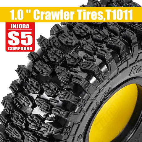 Close-up of 1.0-inch S5 compound crawler tire tread texture with deep blocks for TRX4M SCX24 RC crawlers, silicone rubber inserts visible.