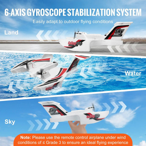 2.4GHz 3Ch RC Airplane Amphibious Ready To Fly With 6 Axis Gyro Stabilizer And Dual Batteries in land, water, and sky.