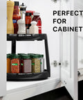 Two Tier Lazy Susan Spice Organizer For Cabinets And Pantries, Ten Inch Diameter Rustic Brown Turntable Rack With Spices Displayed