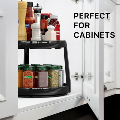 Two Tier Lazy Susan Spice Organizer For Cabinets And Pantries, Ten Inch Diameter Rustic Brown Turntable Rack With Spices Displayed