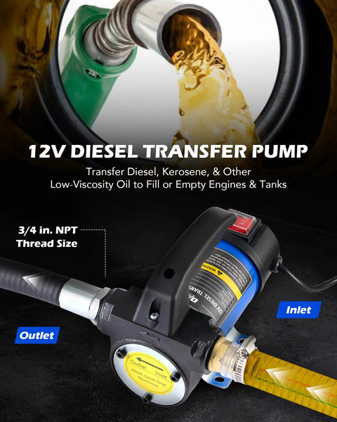 Close-up of 12 Volt Diesel Transfer Pump Kit with nozzle and hoses for fast fuel transfer, showing inlet and outlet details.