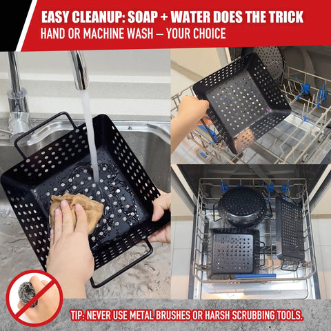 Small Nonstick 3 Piece Grill Basket Set For Vegetables Seafood And Meat Perfect For Grillin And Chillin BBQ shown being cleaned