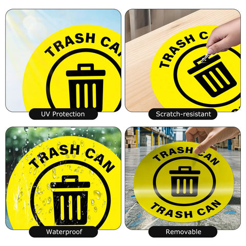 5 Pack 17 By 17 Inch Self Adhesive Trash Can Sign For Industrial And Office Spaces Caution Safety Vinyl Waterproof Signage Durable Moisture Resistant With Strong Adhesion Easy To Read For Workplace Compliance showing UV protection, waterproofing, and installation