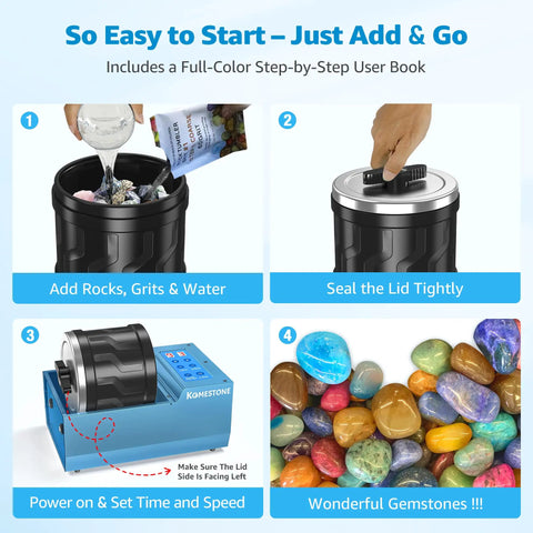 Instruction steps for using the Beast Rock Tumbler Kit With 4Lb Large Capacity Barrel, Brushless Motor, Solid Metal Base, Adjustable Speed.