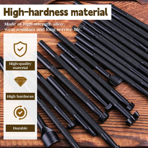 20 Piece Leather Stamping Tools Set With Various Shape Stamps For Saddle Making Carving And Craft DIY Projects Great For Beginners And Pros Durable Stainless Steel Craft Tools Ideal For Leather Hobbyists And Professionals Alike displayed on a wooden surface showing high-hardness material features.