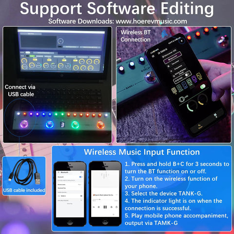 Tank G Multi Effects Guitar Pedal With 36 Editable Presets And A 3000mAh Rechargeable Battery shown with software editing support.