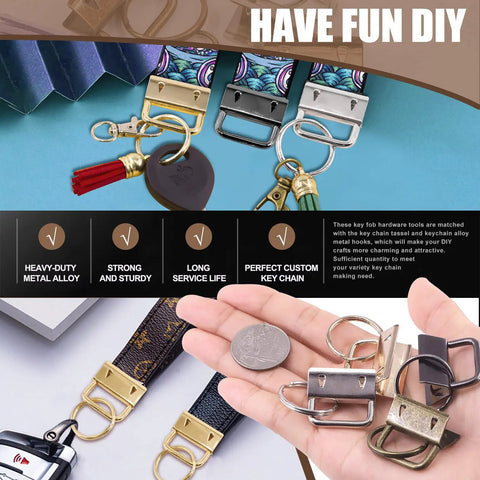 51 Piece Heavy Duty Key Fob Pliers And Hardware Kit with tassels and flat jaws showing various hardware pieces and keychain designs