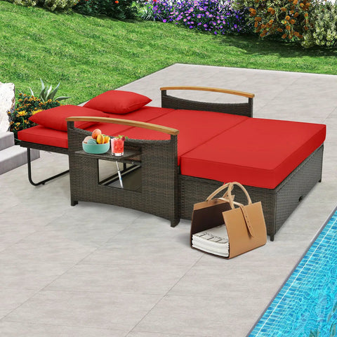 Patio Rattan Daybed With Four Level Adjustable Backrest And Handy Storage Ottoman Outdoor Wicker Loveseat by the pool in red