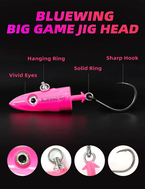 Big Game Swing Hook Jig Head With Heavy Duty Stainless Steel Ball Bearing Swivel, High Carbon Steel Hook, Saltwater Lead Jighead Pink 4oz on black background