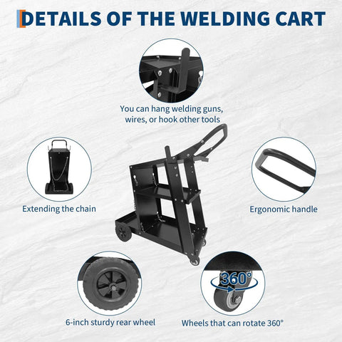 Heavy Duty 3 Tier Rolling Welder Cart With Tank Storage And Gas Cylinder Slots, safety chains, ergonomic handle, sturdy wheels