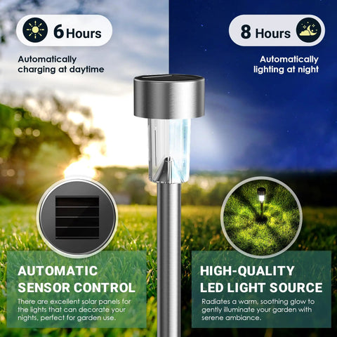 12 Pack Outdoor Solar Lights Stainless Steel Garden Pathway Lights Waterproof for Patio, showing automatic sensor control.