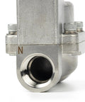 Close-up view of an Industrial High Pressure Solenoid Valve 24V DC Stainless Steel Body Handles Up To 100 Bar Temperature Range Minus 76 To 248 Fahrenheit Heat Resistant For Water Gas Oil And Fluid Control In Heavy Duty Systems with stainless steel threading.