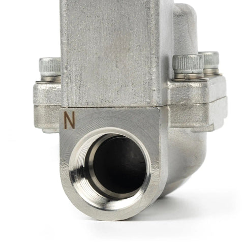 Close-up view of an Industrial High Pressure Solenoid Valve 24V DC Stainless Steel Body Handles Up To 100 Bar Temperature Range Minus 76 To 248 Fahrenheit Heat Resistant For Water Gas Oil And Fluid Control In Heavy Duty Systems with stainless steel threading.