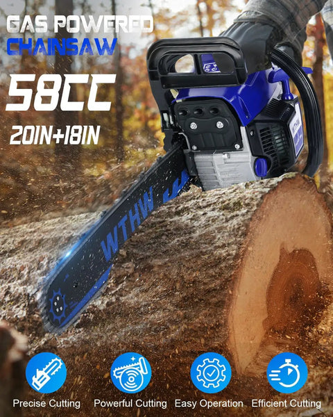 58cc Gas Powered Chainsaw With 20 Inch And 18 Inch Quick Switch Bars Large 550 Ml Fuel Tank And 260 Ml Oil Tank Automatic Chain