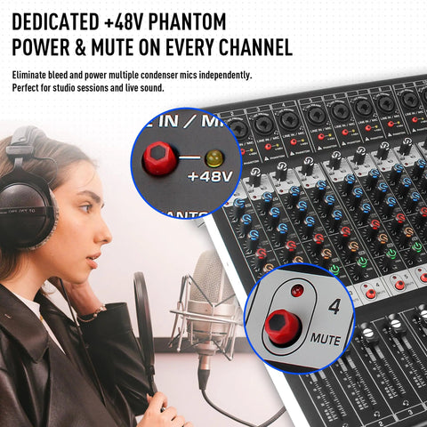 Woman using 16 Channel Audio Mixer With Bluetooth And USB Playback 99 DSP Effects Digital Mixing Console For Studio