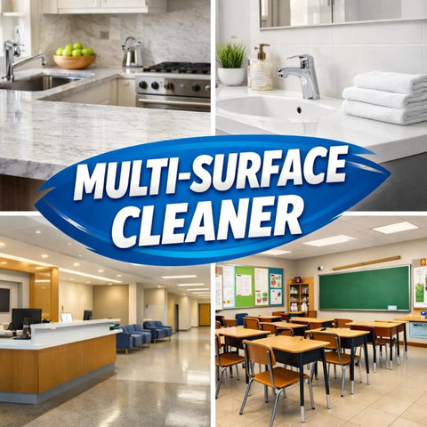 Collage highlighting All Purpose Disinfectant Cleaner For Home And Pro Use Kills 99.9 Percent Of Germs On Multi Surface Areas With Fresh Lemon Scent