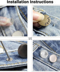 Installation steps for Jeans Button Replacement Kit With Ten Metal Snap Buttons And Tools For Quick No Sew Installation Bronze Finish