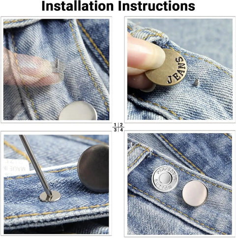 Installation steps for Jeans Button Replacement Kit With Ten Metal Snap Buttons And Tools For Quick No Sew Installation Bronze Finish