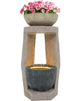32 Inch Outdoor Fountain With Modern Geometric Two Bowls Water Feature And LED Lights Resin Durable Cascading Waterfall