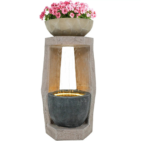 32 Inch Outdoor Fountain With Modern Geometric Two Bowls Water Feature And LED Lights Resin Durable Cascading Waterfall